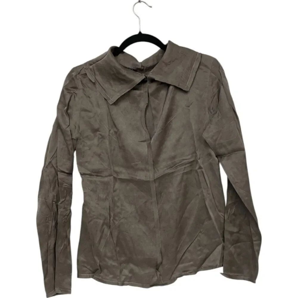 Massimo Dutti Womens Flowing Blouse S Small Brown Draped Collared 5105/805 NWOT - Picture 3 of 11